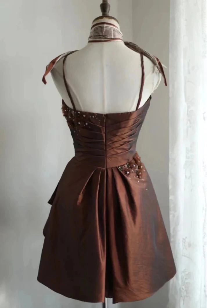 Vintage Brown Beading Design A-line Spaghetti Strap Prom Dress Party Dress Cocktail Dress Homecoming Dress Evening Dress