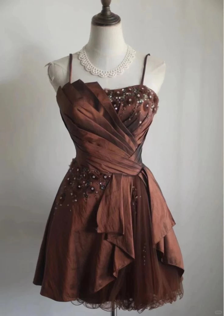 Vintage Brown Beading Design A-line Spaghetti Strap Prom Dress Party Dress Cocktail Dress Homecoming Dress Evening Dress