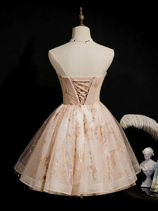 Vintage Champagne Applique Beaded Strapless Design A-line Tulle  Prom Dress Party Dress Cocktail Dress Homecoming Dress Evening Dress