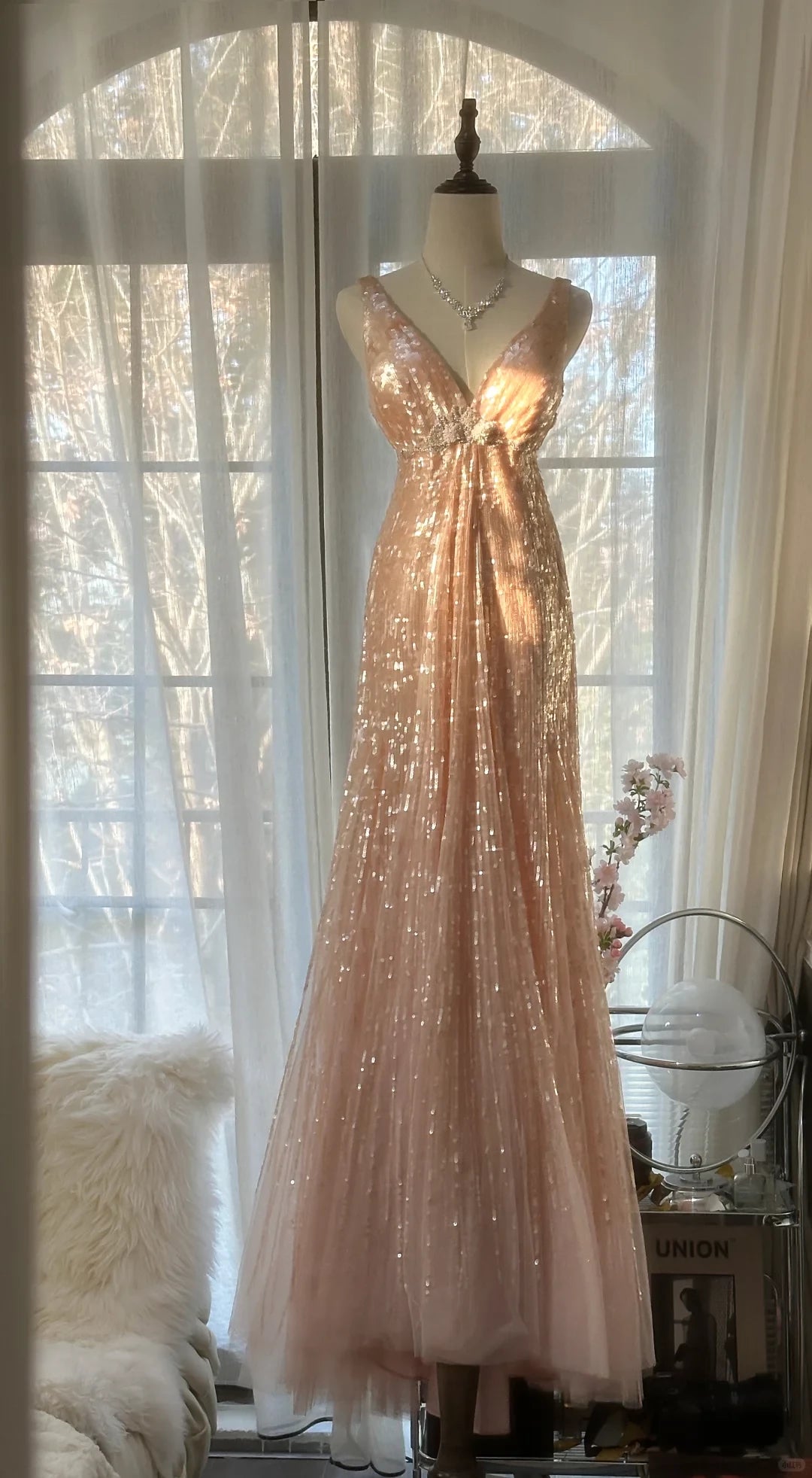 Vintage Champagne Sparkling Sequin Design Romantic Chiffon Prom Dress Party Dress Cocktail Dress Homecoming Dress Evening Dress