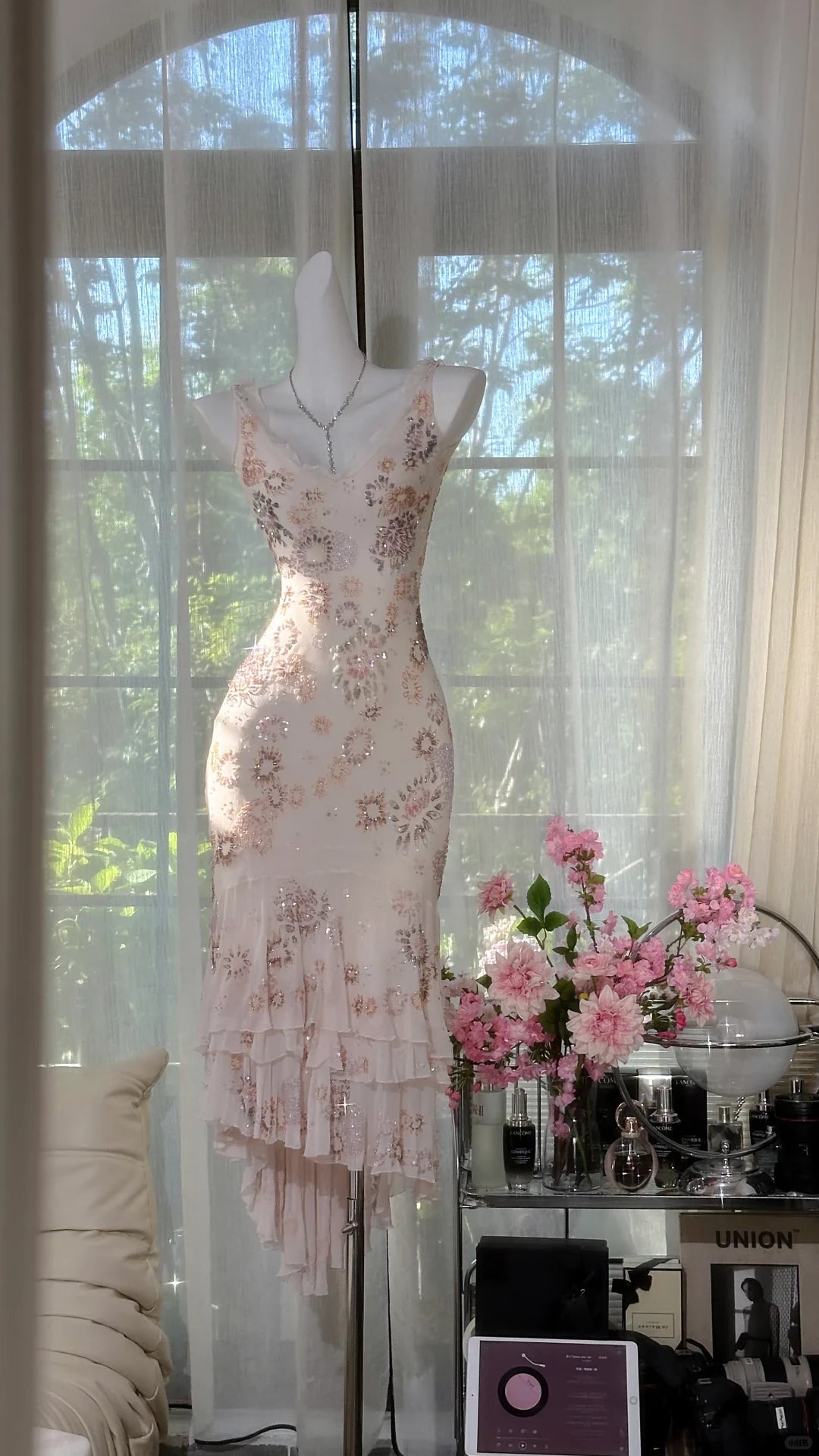 Vintage Chiffon Shiny Sequin Floral Mermaid Prom Dress Party Dress Cocktail Dress Homecoming Dress Evening Dress