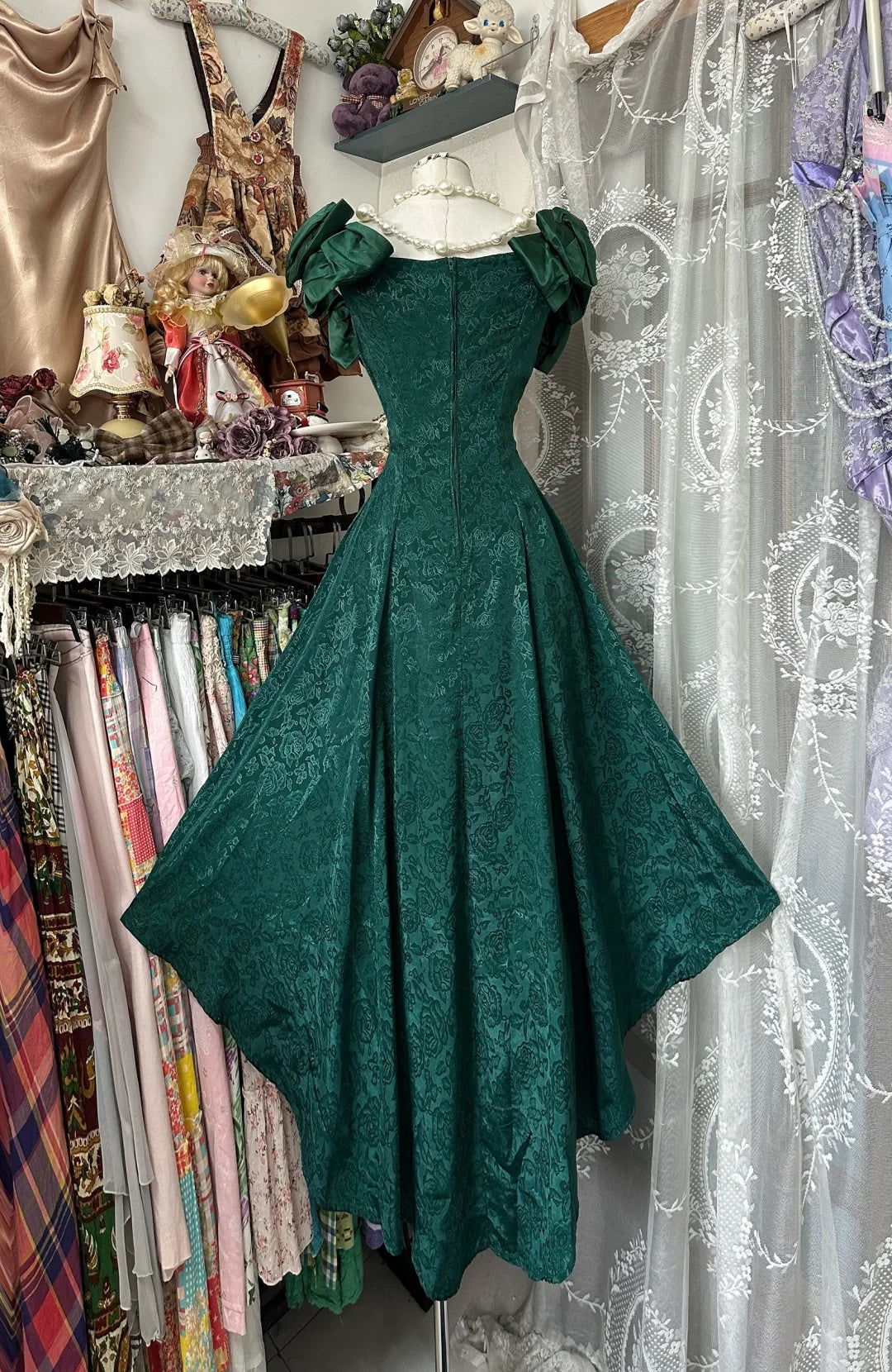 Vintage Dark Green Off-the-shoulder Irregular Hem Design A-Line Applique Prom Dress Party Dress Cocktail Dress Homecoming Dress Evening Dress
