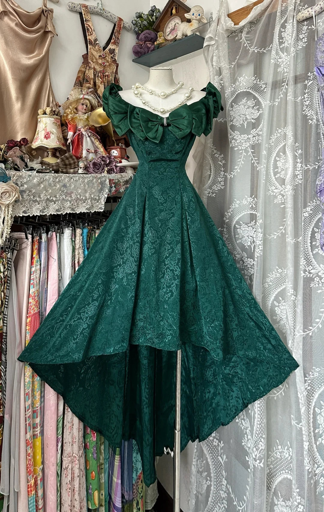 Vintage Dark Green Off-the-shoulder Irregular Hem Design A-Line Applique Prom Dress Party Dress Cocktail Dress Homecoming Dress Evening Dress