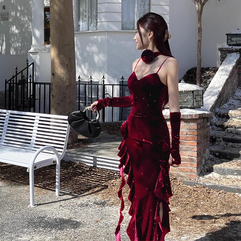 Vintage Glittering Sequin Sweetheart Spaghetti Strap Ruffled High Slit Prom Dress Party Dress Cocktail Dress Homecoming Dress Evening Dress