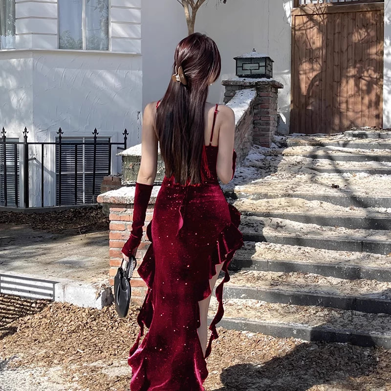 Vintage Glittering Sequin Sweetheart Spaghetti Strap Ruffled High Slit Prom Dress Party Dress Cocktail Dress Homecoming Dress Evening Dress