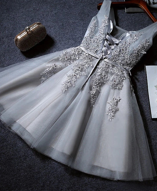 Vintage Gray Applique Design A-line Tulle Prom Dress Party Dress Cocktail Dress Homecoming Dress Evening Dress