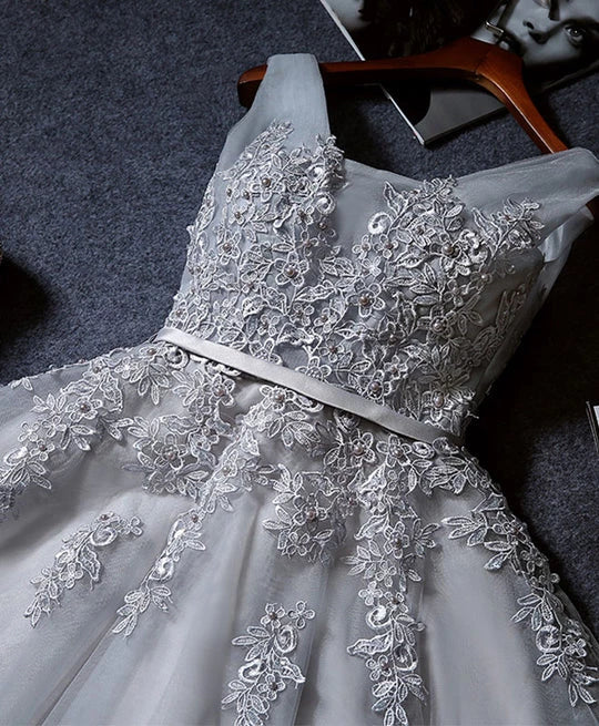 Vintage Gray Applique Design A-line Tulle Prom Dress Party Dress Cocktail Dress Homecoming Dress Evening Dress