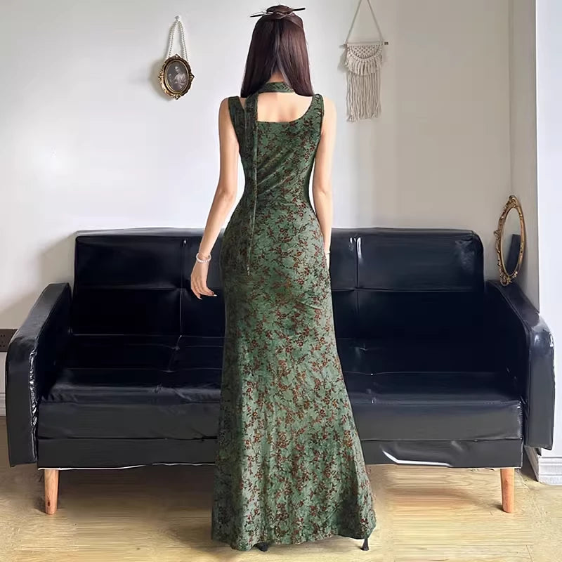 Vintage Green Floral V-neck Sleeveless Mermaid Long Summer Dresses Prom Dress Party Dress Cocktail Dress Homecoming Dress Evening Dress