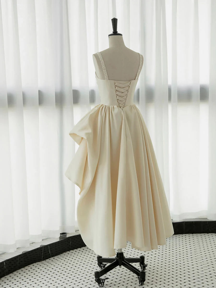 Vintage Ivory Satin Tea Sleeveless Ankle length Prom Dress Party Dress Cocktail Dress Homecoming Dress Evening Dress