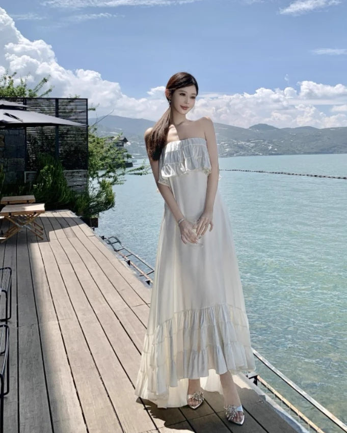 Vintage Ivory Strapless Ruffled Hem Design Elegant Beach Holiday A-Line Sleeveless Summer Dress Party Dress Cocktail Dress Homecoming Dress Evening Dress