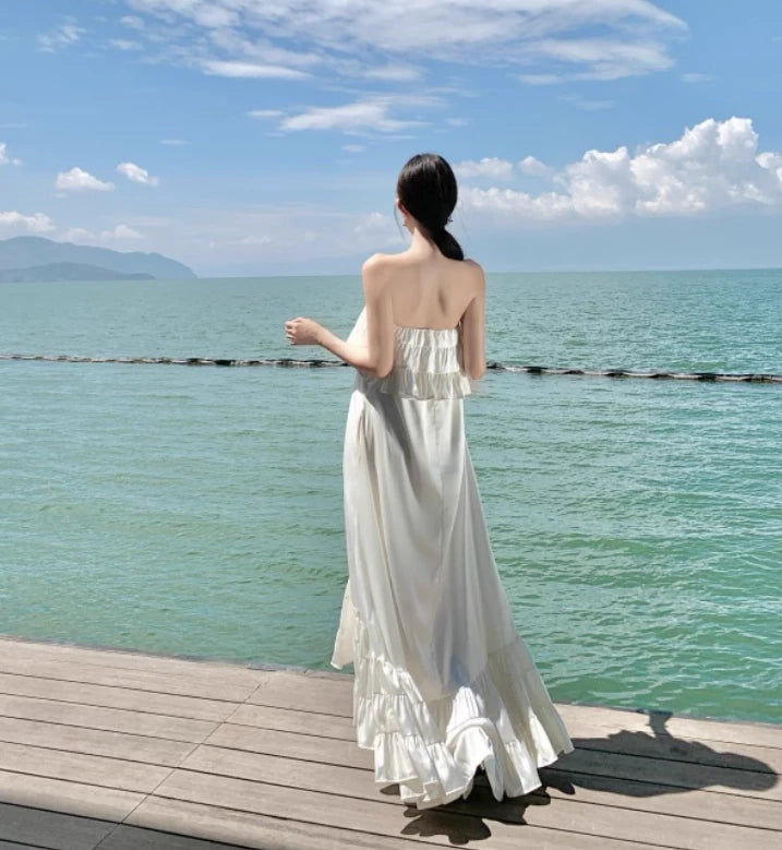 Vintage Ivory Strapless Ruffled Hem Design Elegant Beach Holiday A-Line Sleeveless Summer Dress Party Dress Cocktail Dress Homecoming Dress Evening Dress