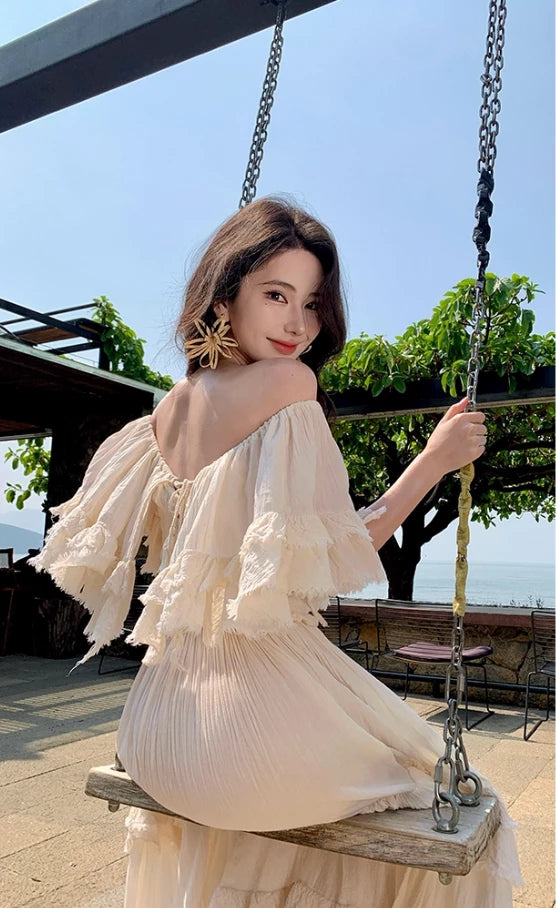 Vintage Ivory Strapless Ruffled Hem Design Elegant Beach Holiday A-Line Summer Dress Party Dress Cocktail Dress Homecoming Dress Evening Dress