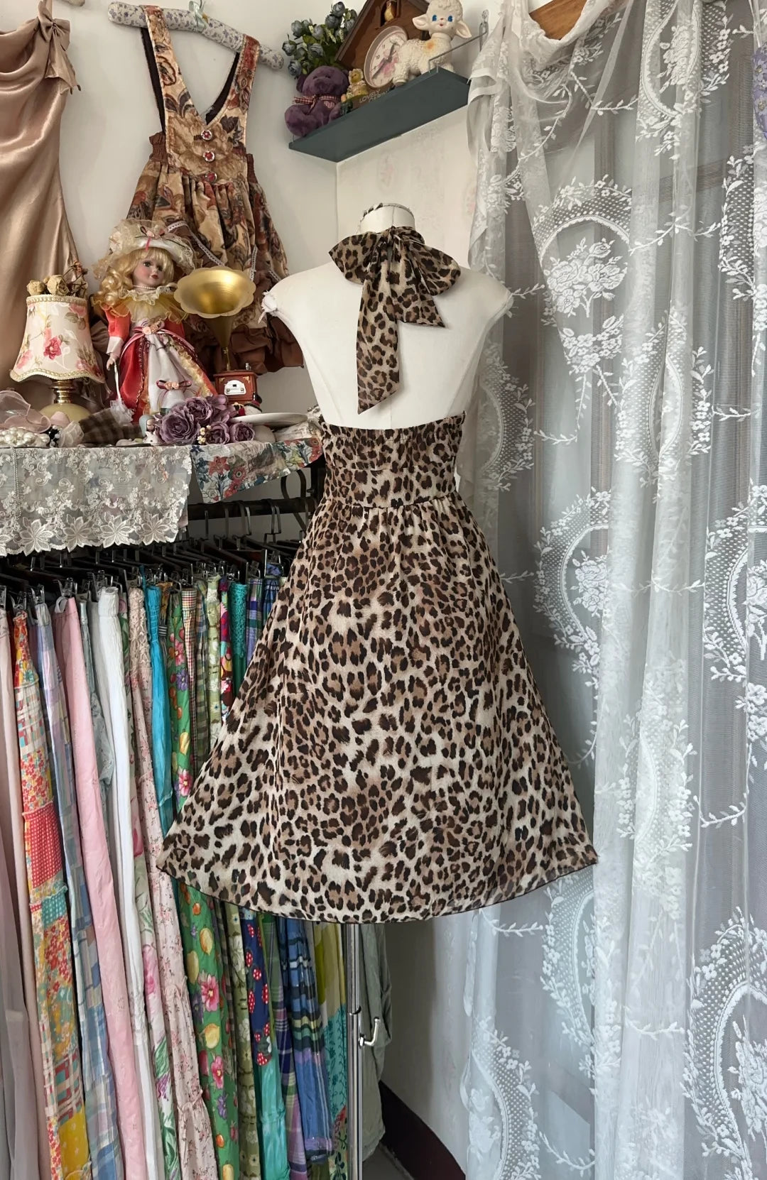 Vintage Leopard Print Halter Dress Design A-Line Short Prom Dress Party Dress Cocktail Dress Homecoming Dress Evening Dress