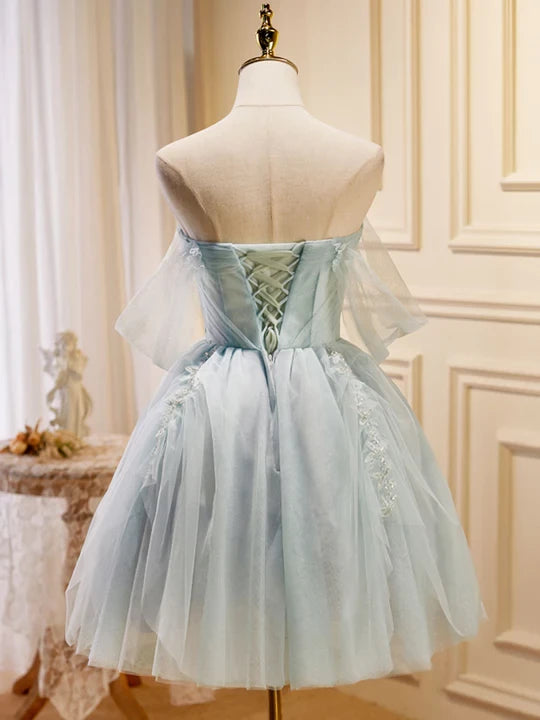 Vintage Light Blue Beaded Off-the-shoulder Design A-line Tulle A-line Tulle Prom Dress Party Dress Cocktail Dress Homecoming Dress Evening Dress