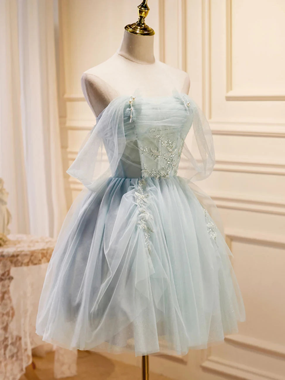 Vintage Light Blue Beaded Off-the-shoulder Design A-line Tulle A-line Tulle Prom Dress Party Dress Cocktail Dress Homecoming Dress Evening Dress