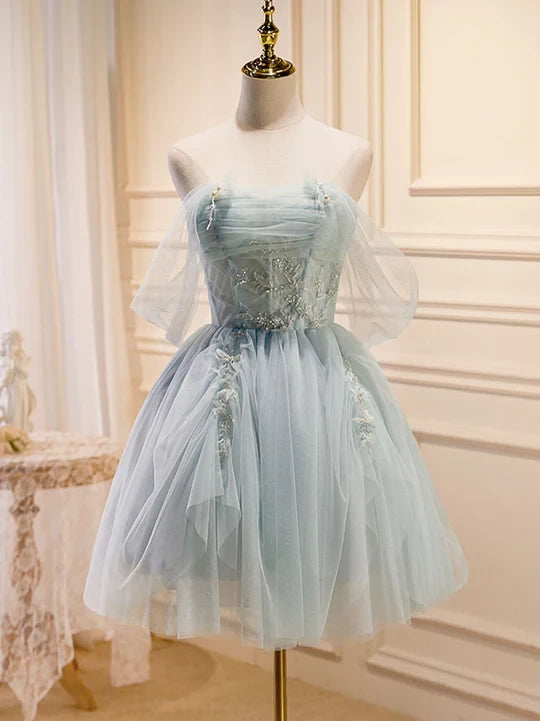 Vintage Light Blue Beaded Off-the-shoulder Design A-line Tulle A-line Tulle Prom Dress Party Dress Cocktail Dress Homecoming Dress Evening Dress