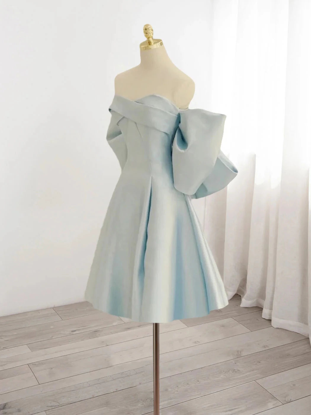 Vintage Light Blue Sweetheart Strapless Bow Design A-line Satin Prom Dress Party Dress Cocktail Dress Homecoming Dress Evening Dress