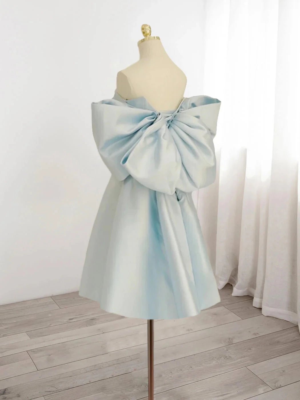 Vintage Light Blue Sweetheart Strapless Bow Design A-line Satin Prom Dress Party Dress Cocktail Dress Homecoming Dress Evening Dress