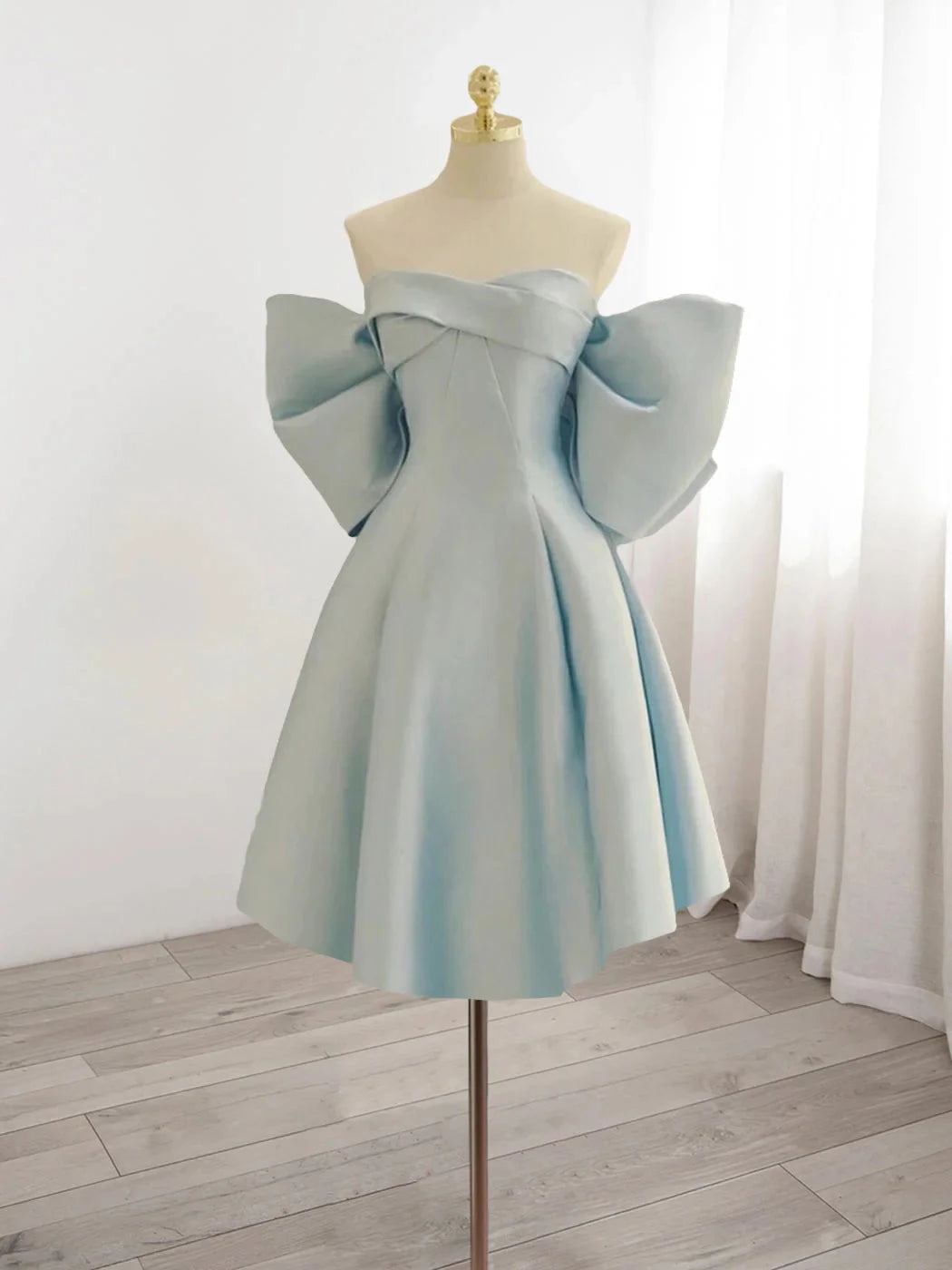 Vintage Light Blue Sweetheart Strapless Bow Design A-line Satin Prom Dress Party Dress Cocktail Dress Homecoming Dress Evening Dress