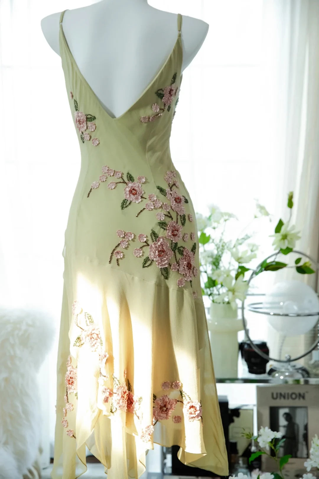 Vintage Light Green Spaghetti Strap Floral Design A-line Romantic Chiffon Prom Dress Party Dress Cocktail Dress Homecoming Dress Evening Dress