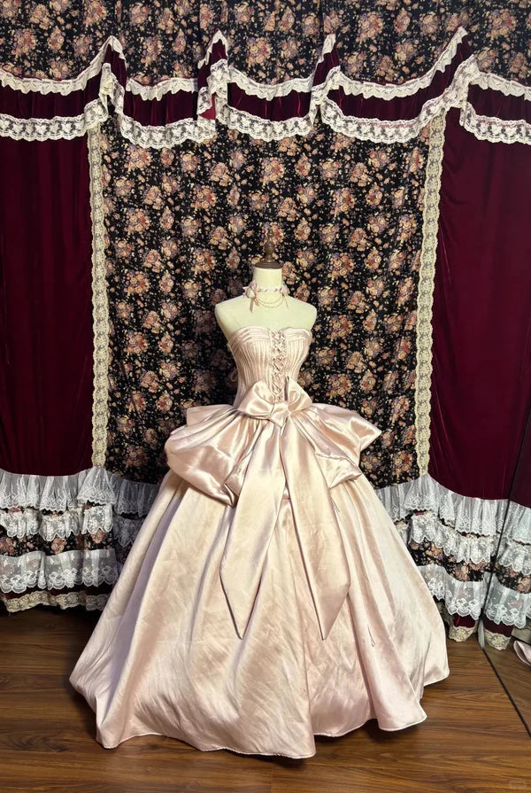 Vintage Light Pink Sweetheart Satin Sweet 16 Quinceanera Sleeveless Off-the-shoulder A-Line Princess Prom Dress Evening Dress