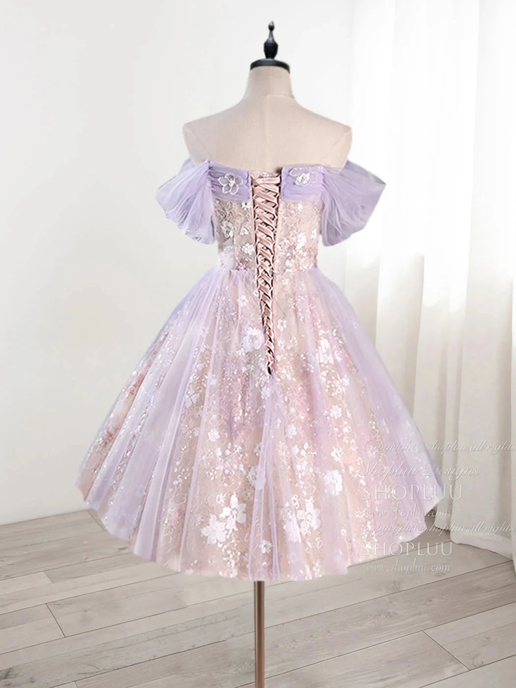 Vintage Light Purple Applique Floral Beaded Off-the-shoulder Design A-line Tulle Prom Dress Party Dress Cocktail Dress Homecoming Dress Evening Dress