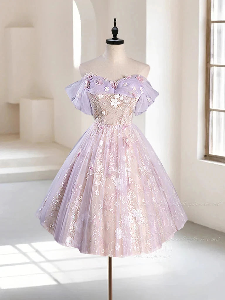 Vintage Light Purple Applique Floral Beaded Off-the-shoulder Design A-line Tulle Prom Dress Party Dress Cocktail Dress Homecoming Dress Evening Dress