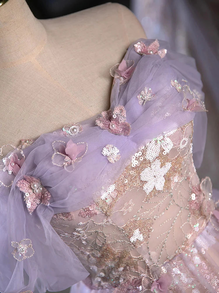 Vintage Light Purple Applique Floral Beaded Off-the-shoulder Design A-line Tulle Prom Dress Party Dress Cocktail Dress Homecoming Dress Evening Dress