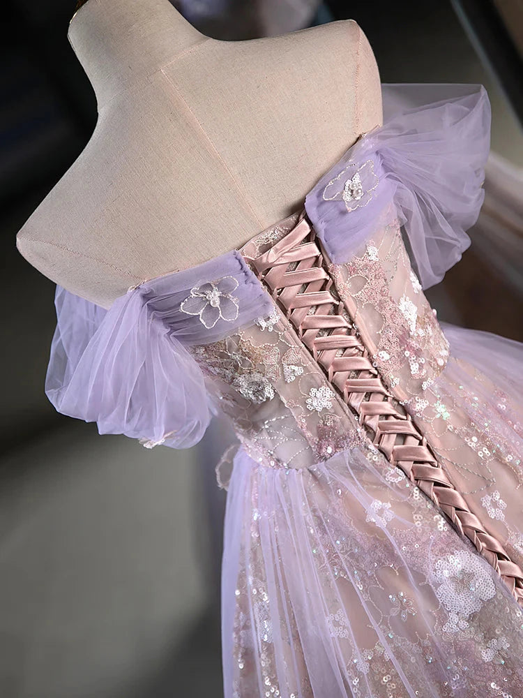 Vintage Light Purple Applique Floral Beaded Off-the-shoulder Design A-line Tulle Prom Dress Party Dress Cocktail Dress Homecoming Dress Evening Dress