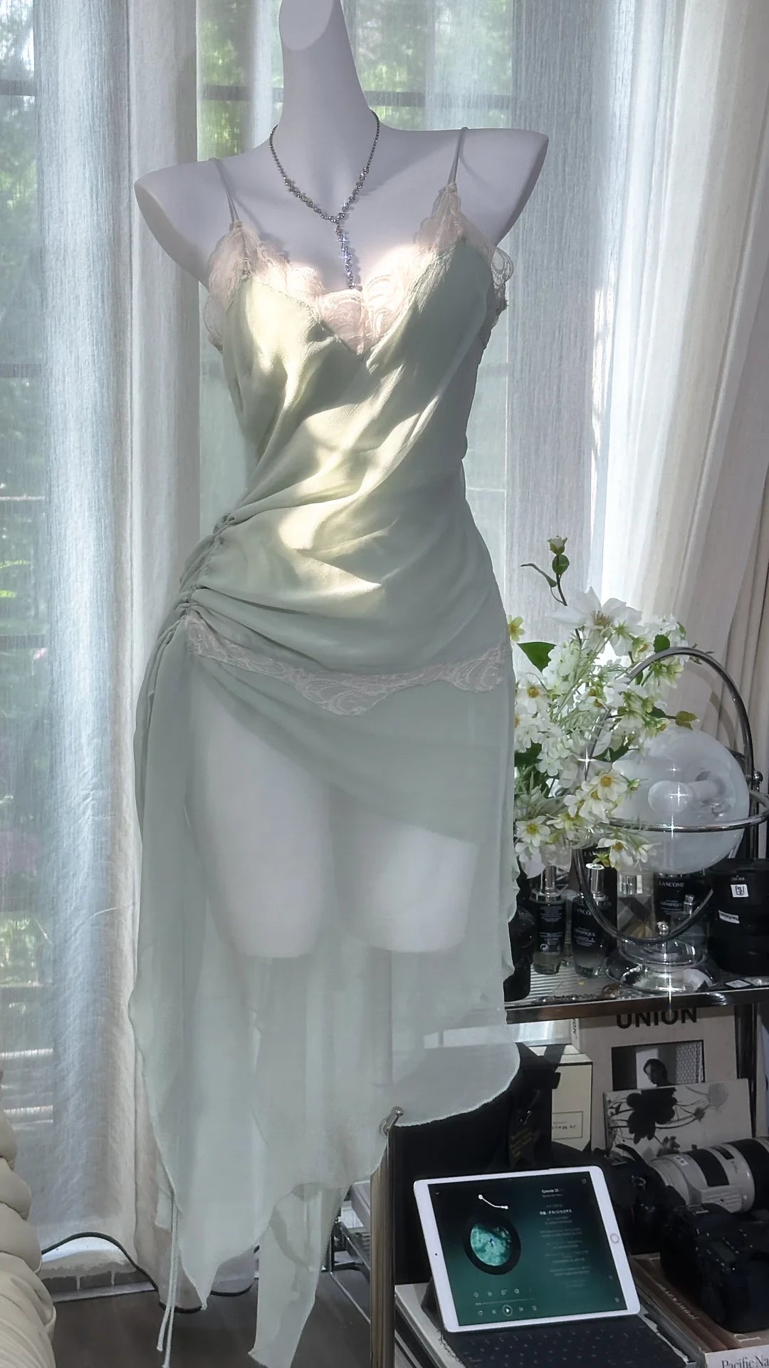 Vintage Mint Green Irregular Lace Hem Spaghetti Strap Design Chiffon Prom Dress Party Dress Cocktail Dress Homecoming Dress Evening Dress