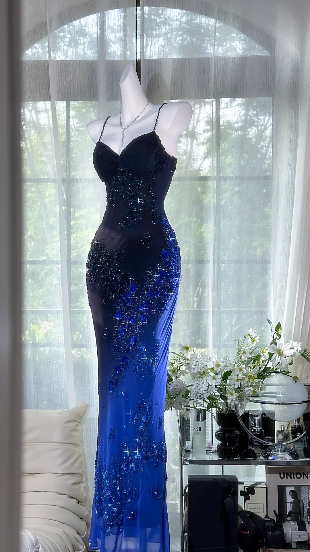 Vintage Navy Blue Glittering Beaded V-neck Mermaid Prom Dress Party Dress Cocktail Dress  Homecoming Dress Evening Dress