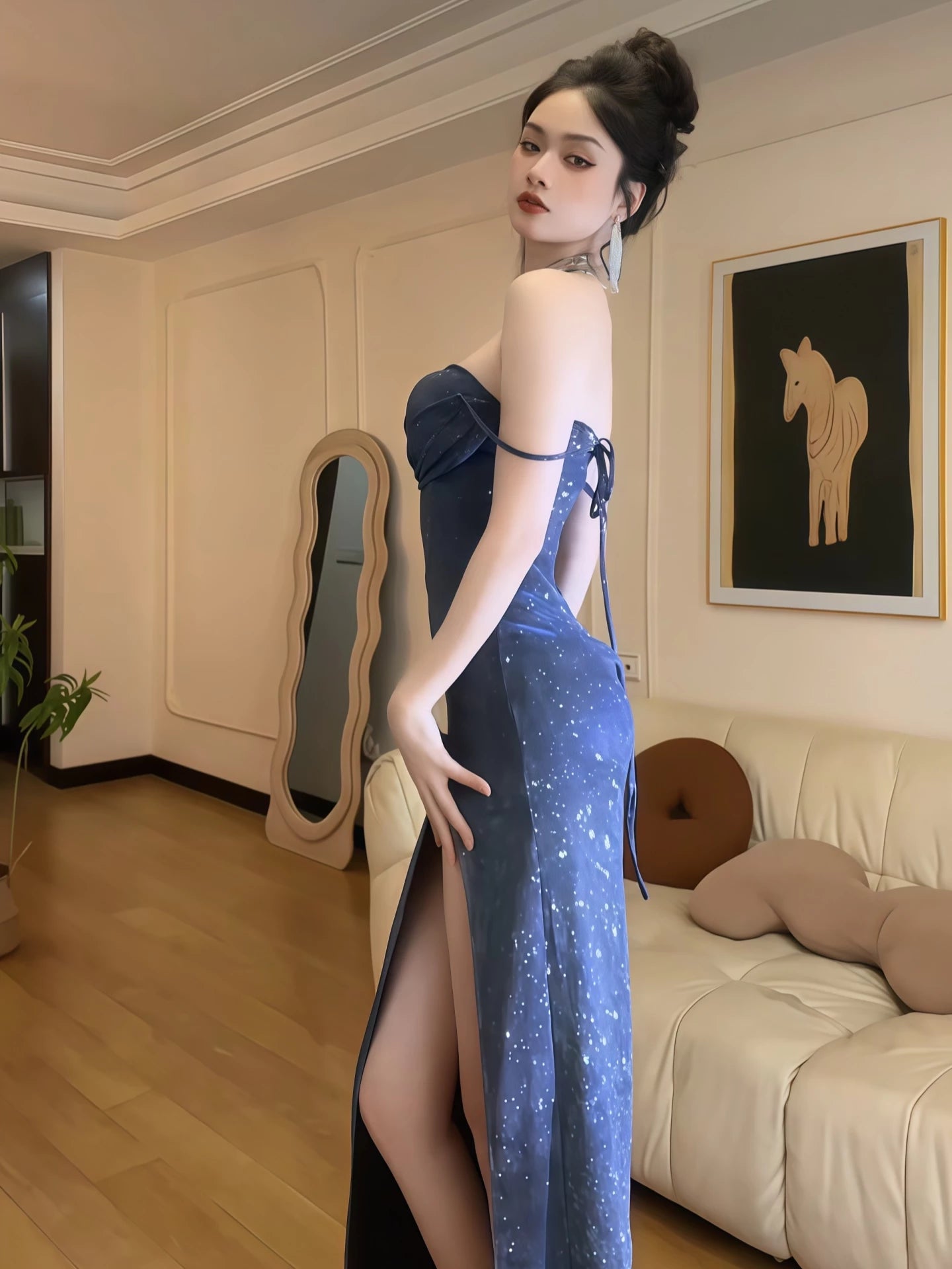 Vintage Navy Blue Shiny Sequin Sweetheart Spaghetti Strap Sheath High Slit Long Summer Dresses Prom Dress Party Dress Cocktail Dress Homecoming Dress Evening Dress