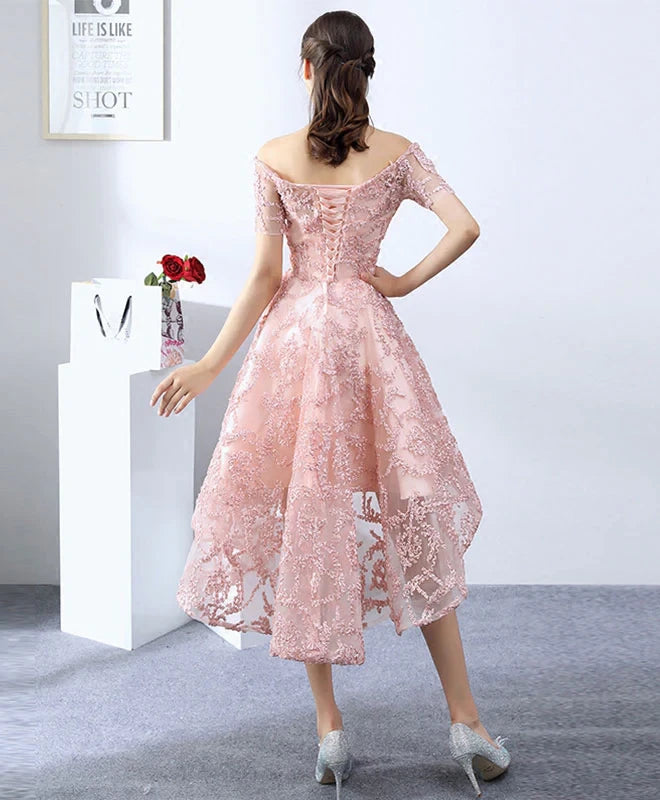 Vintage Pink Applique Off-the-shoulder Design A-line Tulle Prom Dress Party Dress Cocktail Dress Homecoming Dress Evening Dress