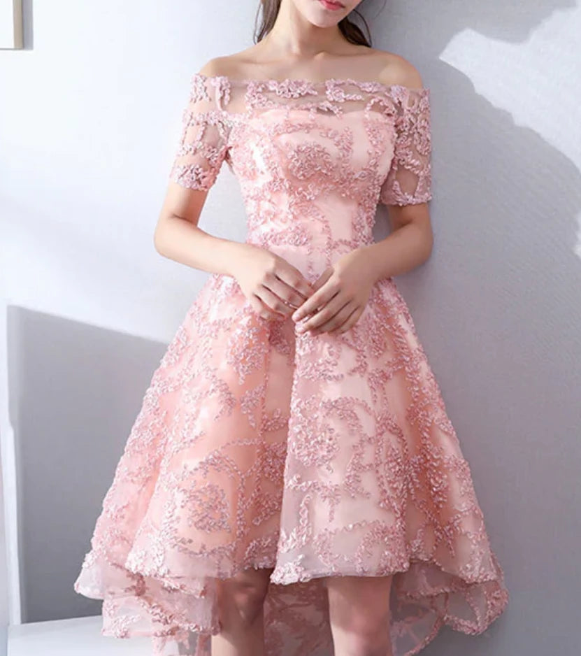 Vintage Pink Applique Off-the-shoulder Design A-line Tulle Prom Dress Party Dress Cocktail Dress Homecoming Dress Evening Dress