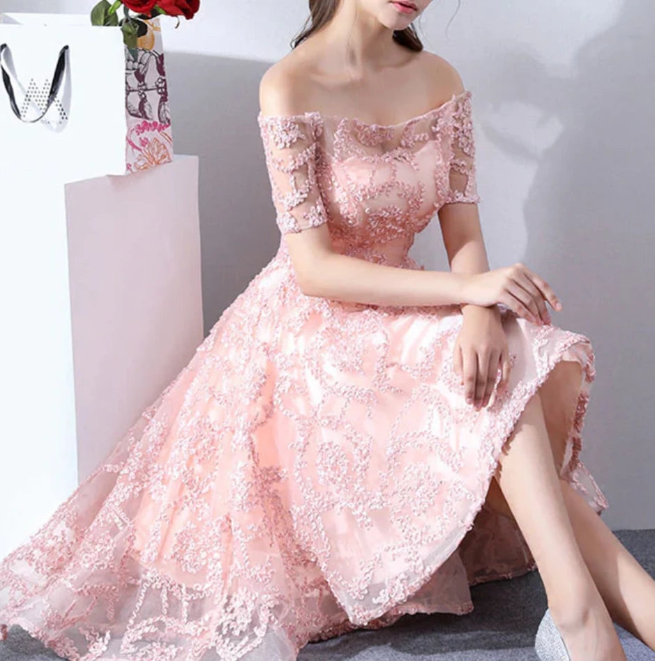 Vintage Pink Applique Off-the-shoulder Design A-line Tulle Prom Dress Party Dress Cocktail Dress Homecoming Dress Evening Dress