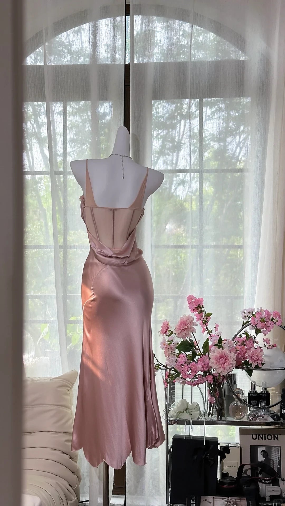 Vintage Pink Spaghetti Strap Mermaid Satin Prom Dress Party Dress Cocktail Dress Homecoming Dress Evening Dress