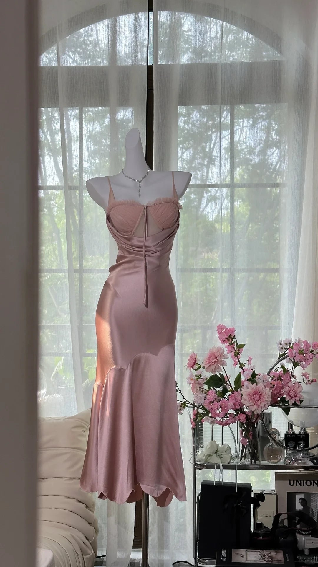 Vintage Pink Spaghetti Strap Mermaid Satin Prom Dress Party Dress Cocktail Dress Homecoming Dress Evening Dress