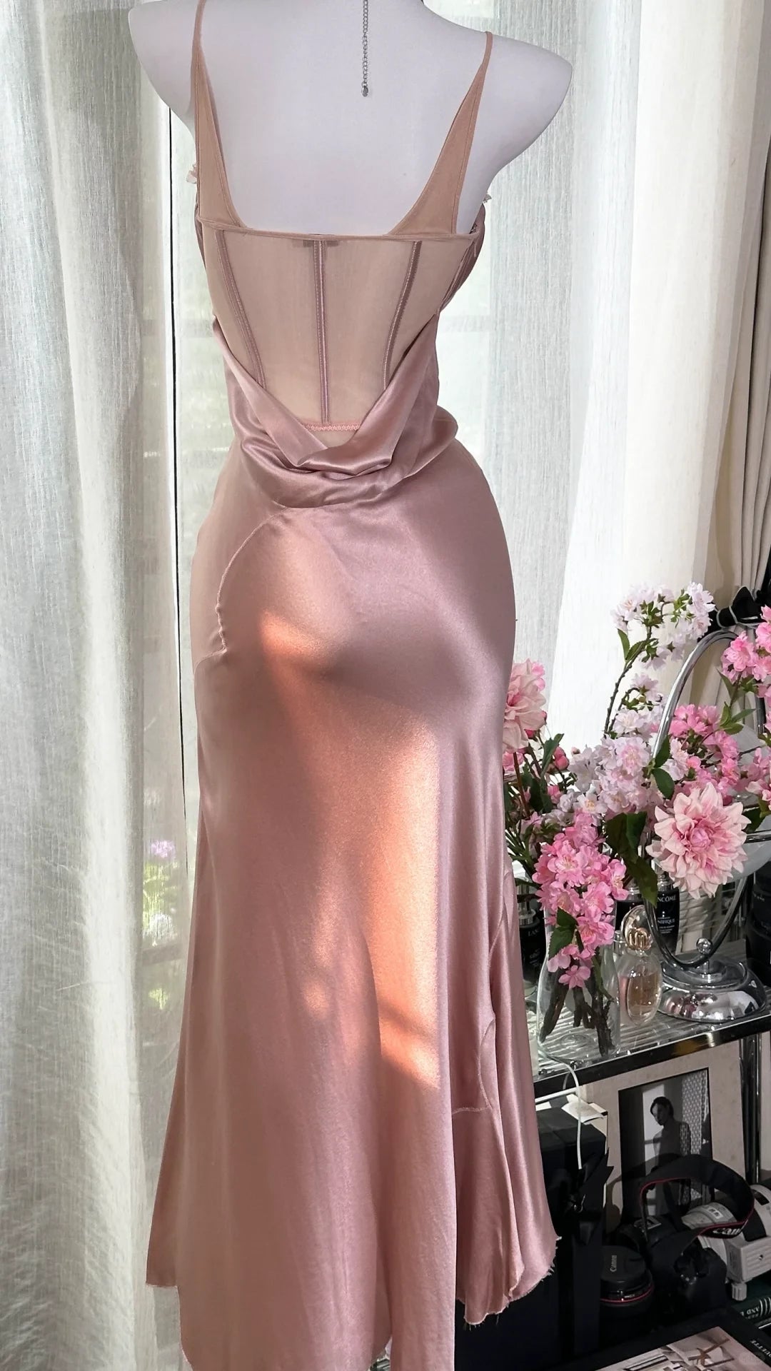 Vintage Pink Spaghetti Strap Mermaid Satin Prom Dress Party Dress Cocktail Dress Homecoming Dress Evening Dress