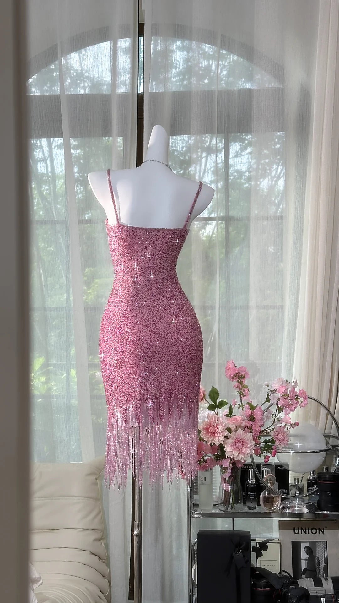 Vintage Pink Sparkling Sequin Spaghetti Strap Tassels Hem Romantic Prom Dress Party Dress Cocktail Dress Homecoming Dress Evening Dress