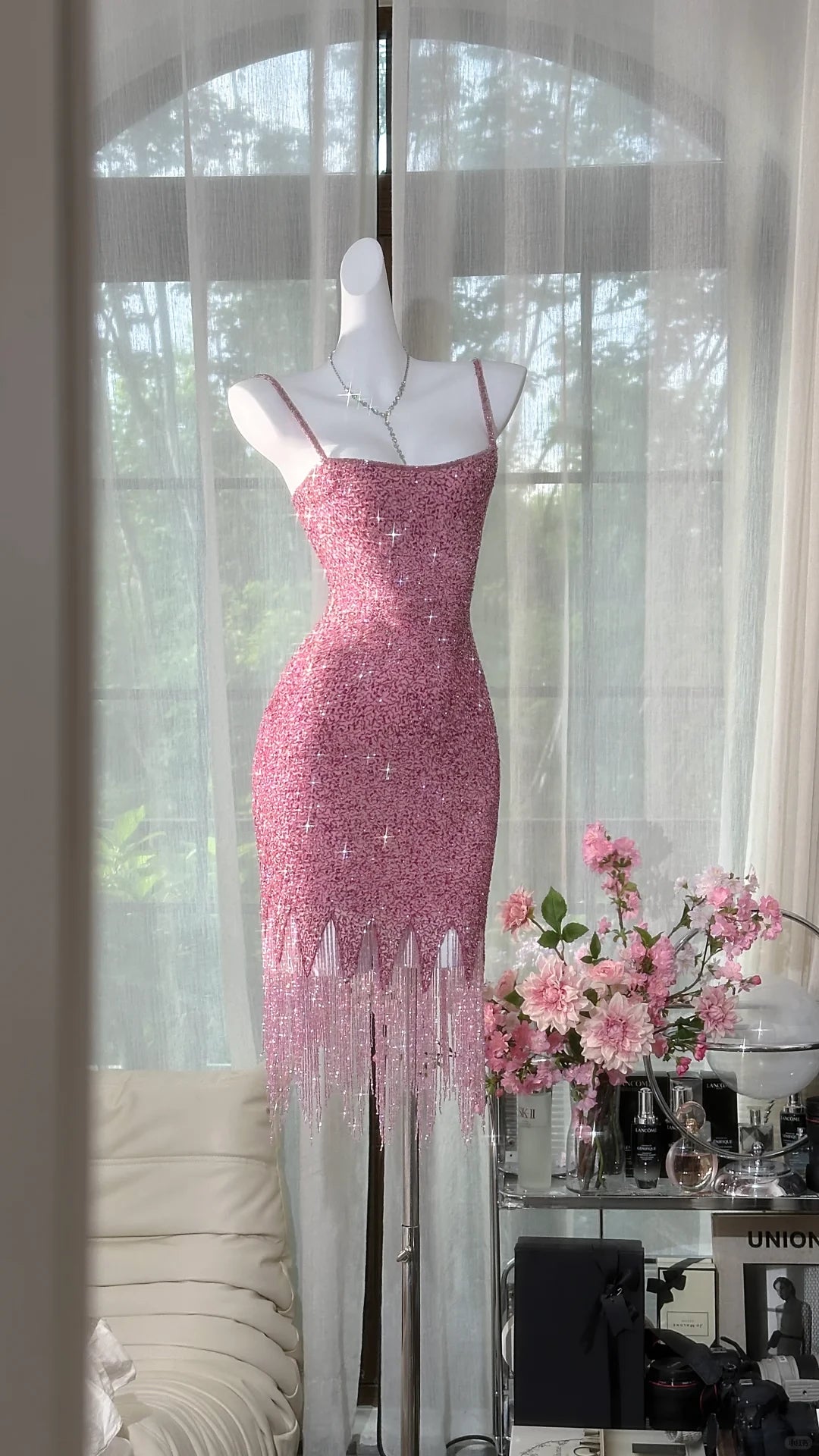 Vintage Pink Sparkling Sequin Spaghetti Strap Tassels Hem Romantic Prom Dress Party Dress Cocktail Dress Homecoming Dress Evening Dress
