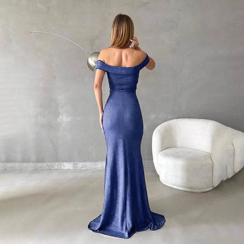 Vintage Shiny Blue Off-the-shoulder Sheath High Slit Long Prom Dress Party Dress Cocktail Dress Homecoming Dress Evening Dress