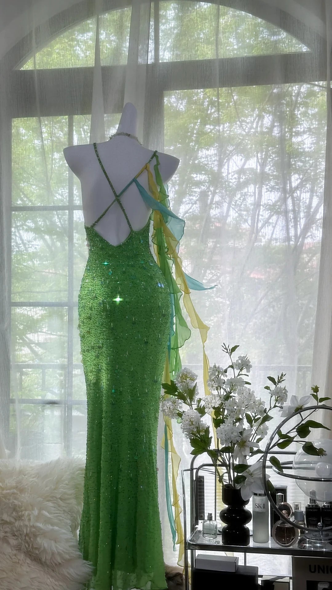 Vintage Shiny Sequin Green Spaghetti Strap Design A-line Romantic Chiffon Prom Dress Party Dress Cocktail Dress Homecoming Dress Evening Dress