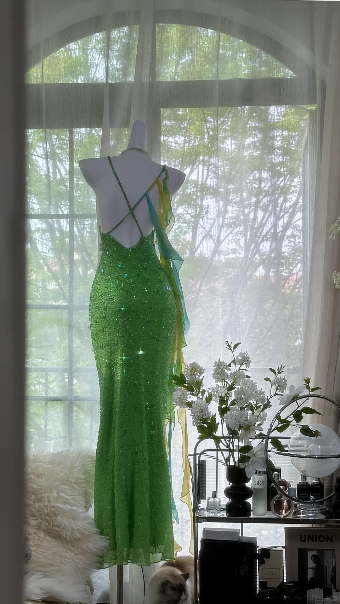 Vintage Shiny Sequin Green Spaghetti Strap Design A-line Romantic Chiffon Prom Dress Party Dress Cocktail Dress Homecoming Dress Evening Dress