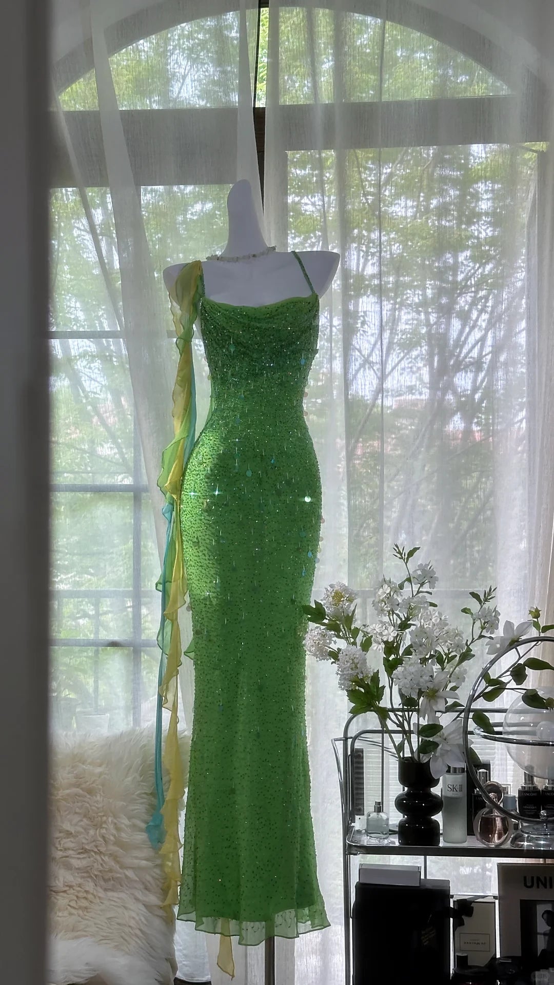 Vintage Shiny Sequin Green Spaghetti Strap Design A-line Romantic Chiffon Prom Dress Party Dress Cocktail Dress Homecoming Dress Evening Dress