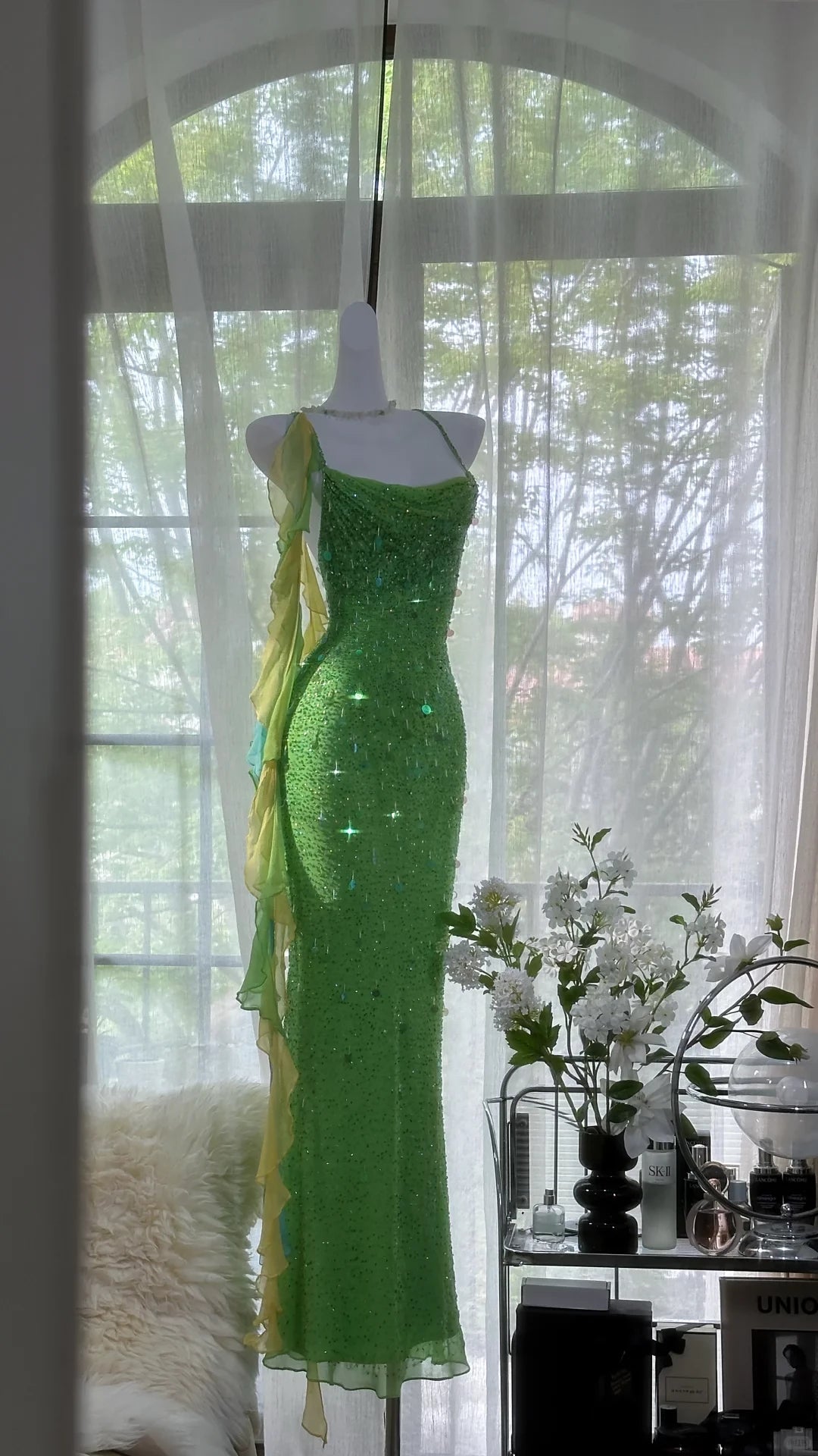 Vintage Shiny Sequin Green Spaghetti Strap Design A-line Romantic Chiffon Prom Dress Party Dress Cocktail Dress Homecoming Dress Evening Dress
