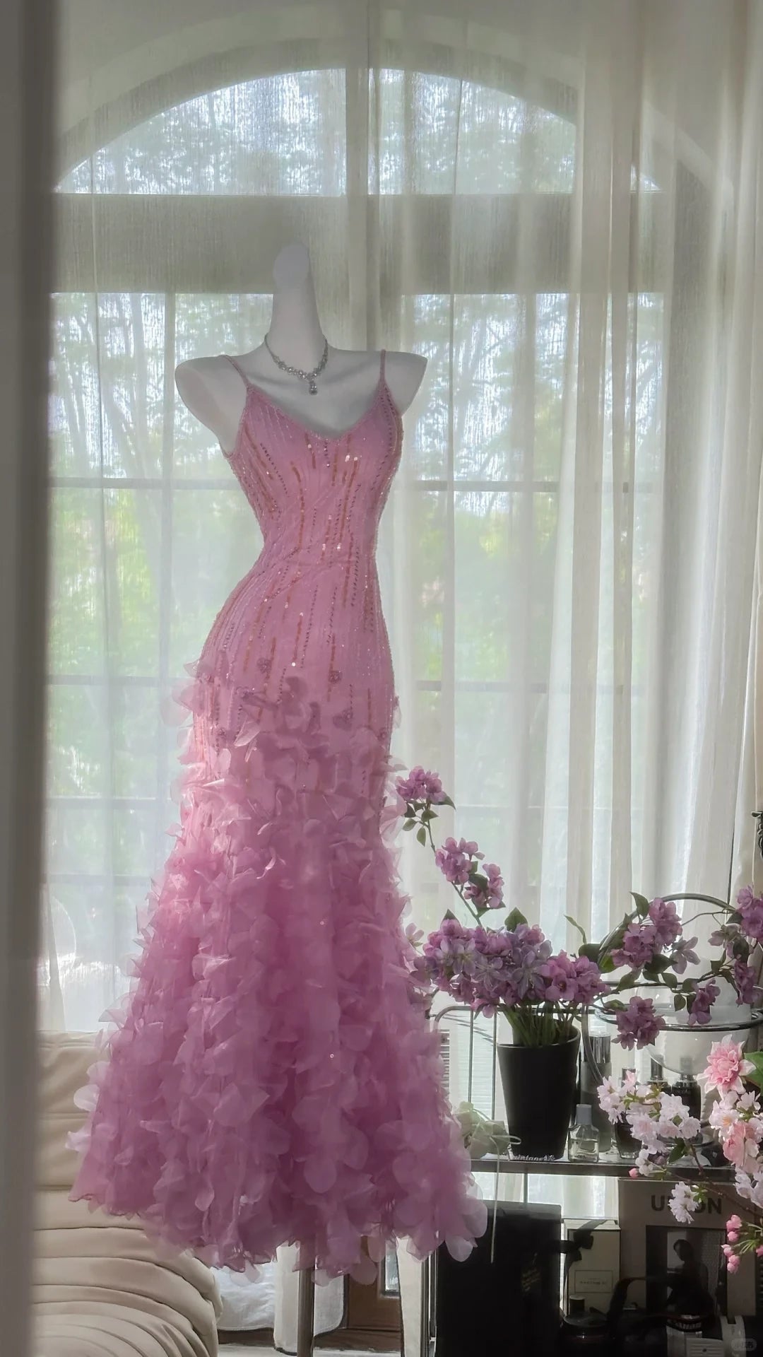 Vintage Shiny Sequin Hot Pink Spaghetti Strap Mermaid Chiffon Prom Dress Party Dress Cocktail Dress Homecoming Dress Evening Dress