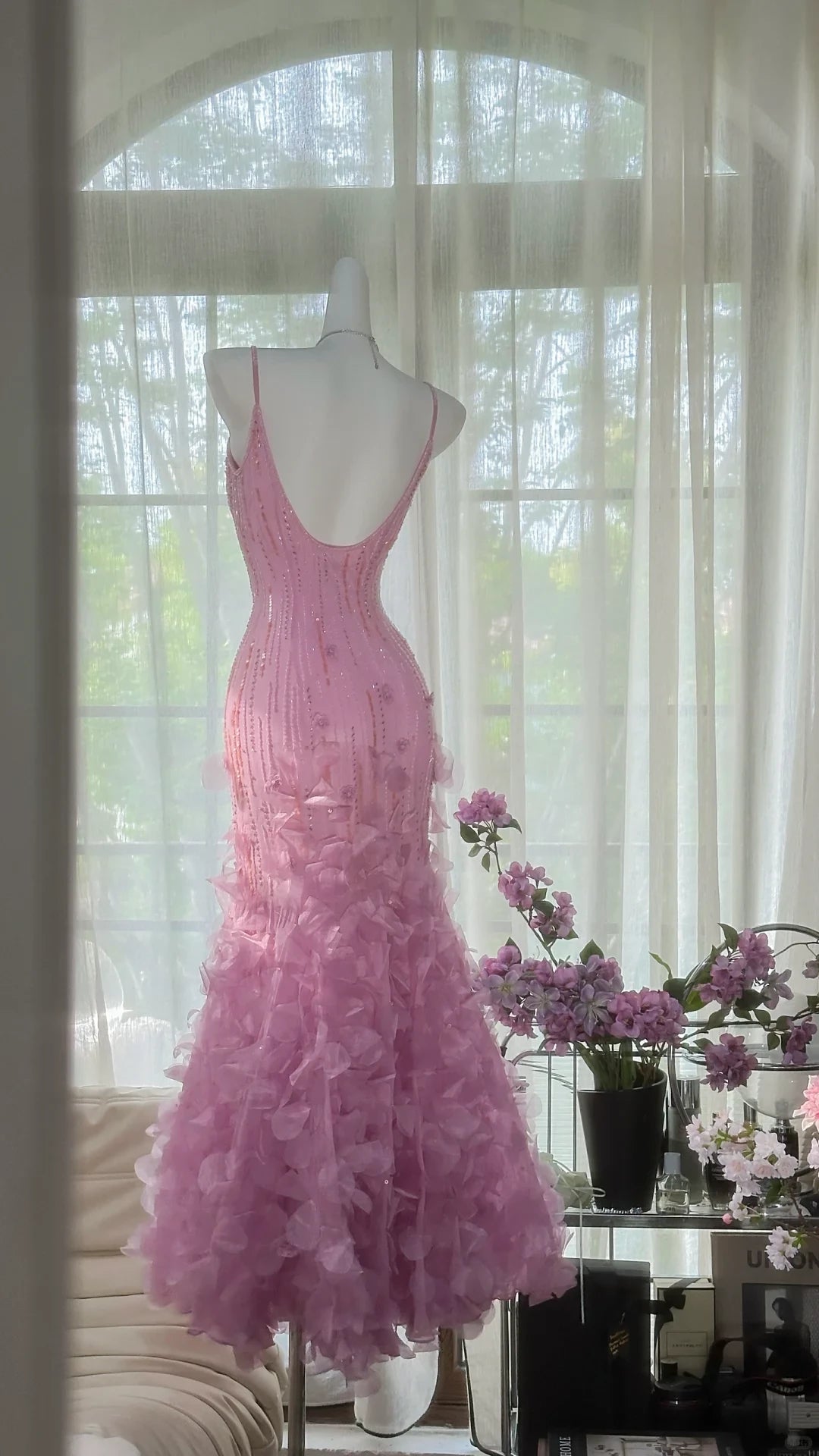 Vintage Shiny Sequin Hot Pink Spaghetti Strap Mermaid Chiffon Prom Dress Party Dress Cocktail Dress Homecoming Dress Evening Dress