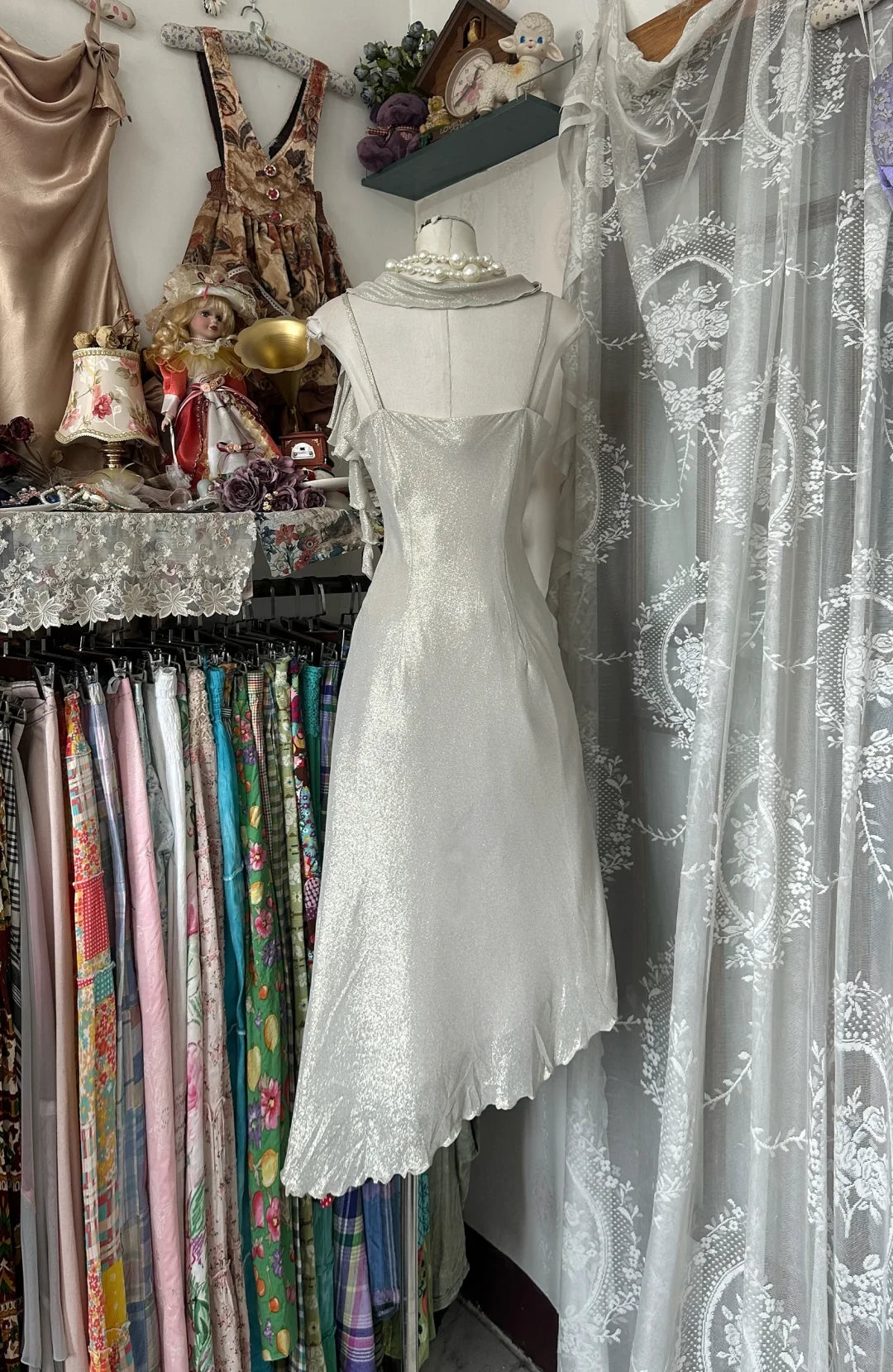 Vintage Silvery Irregular Hem Design A-Line Spaghetti Strap Prom Dress Party Dress Cocktail Dress Homecoming Dress Evening Dress