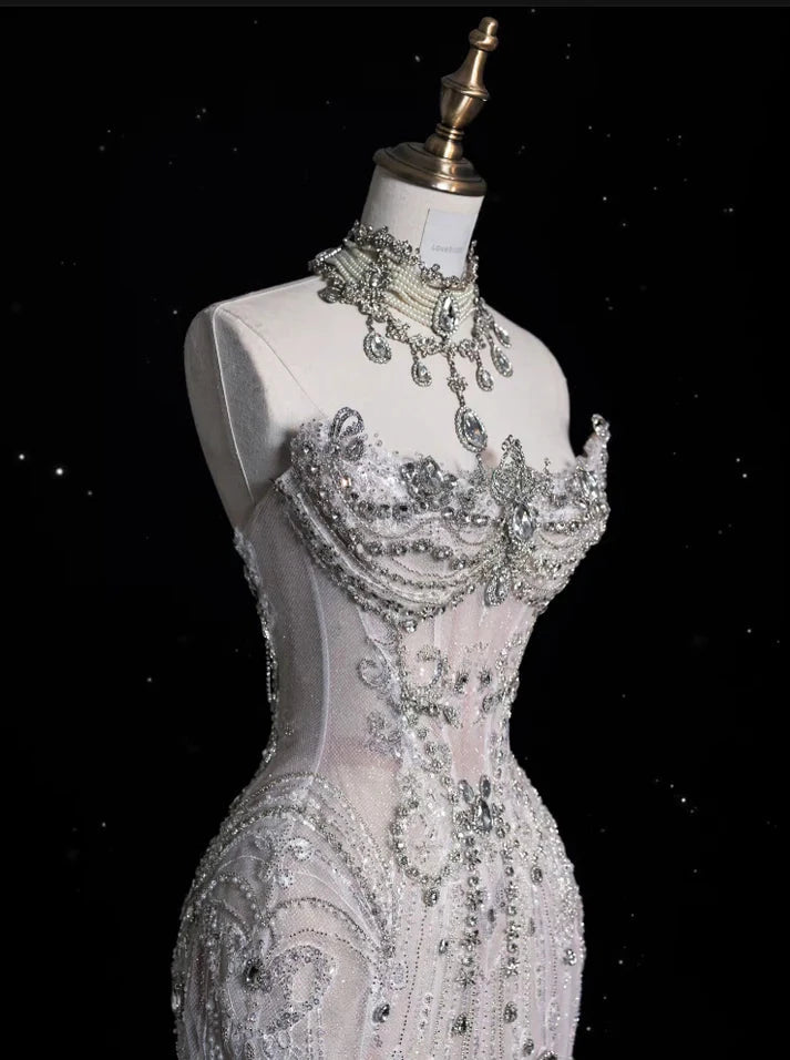 Vintage Sparkling Beaded Mermaid Design Sleeveless Off-the-shoulder Strapless Princess Wedding Dress