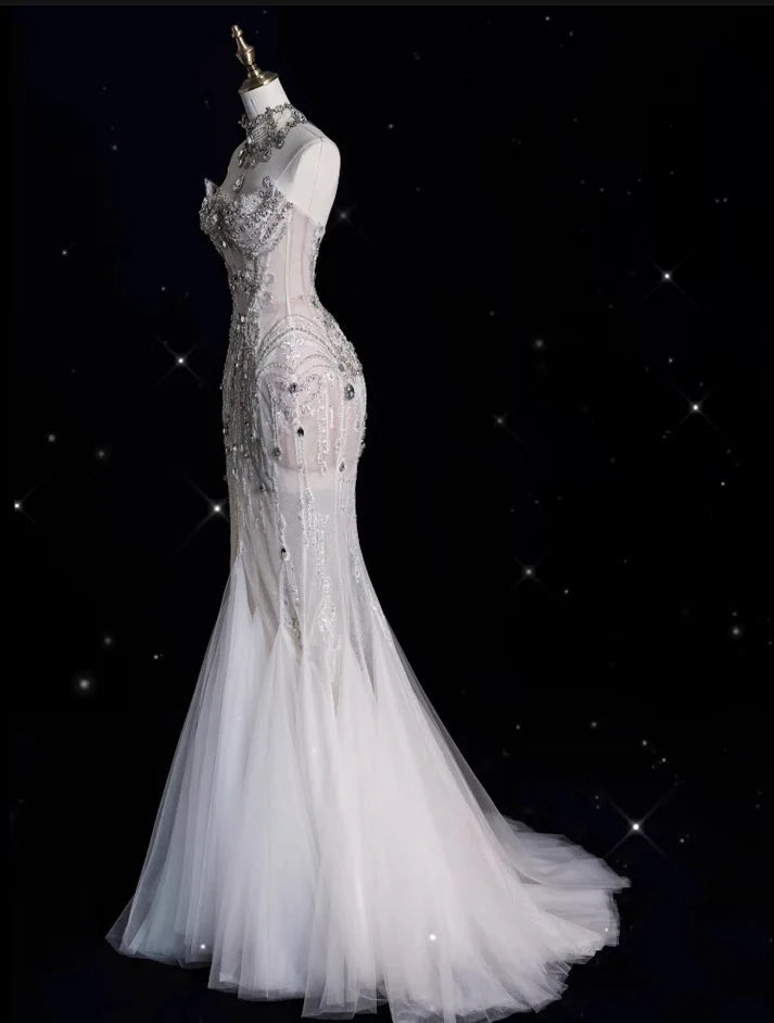 Vintage Sparkling Beaded Mermaid Design Sleeveless Off-the-shoulder Strapless Princess Wedding Dress